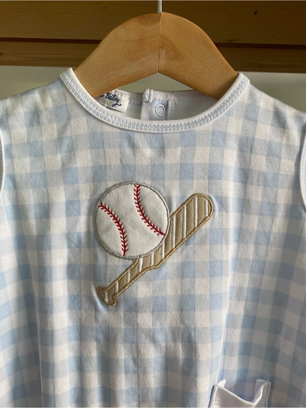 Magnolia Baby Blue Gingham Baseball Appliqué Bubble Romper 6 months